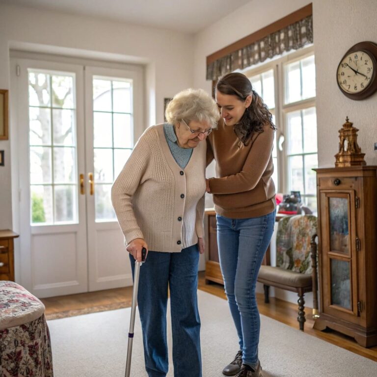 Freundliche Alltagshelferin unterstützt Seniorin bei der Hausarbeit