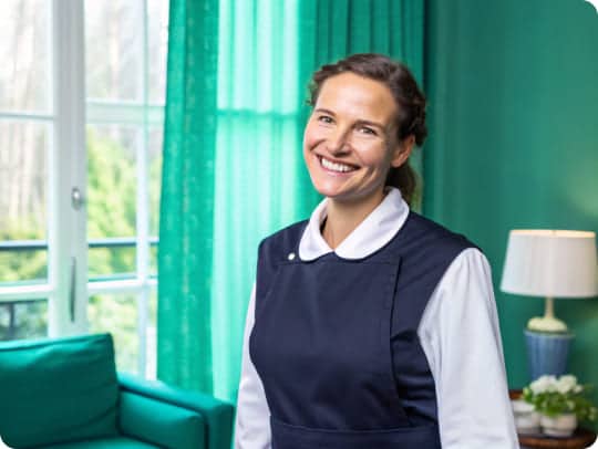 Lächelnde Alltagsfee beim Reinigen einer Wohnung in Bochum