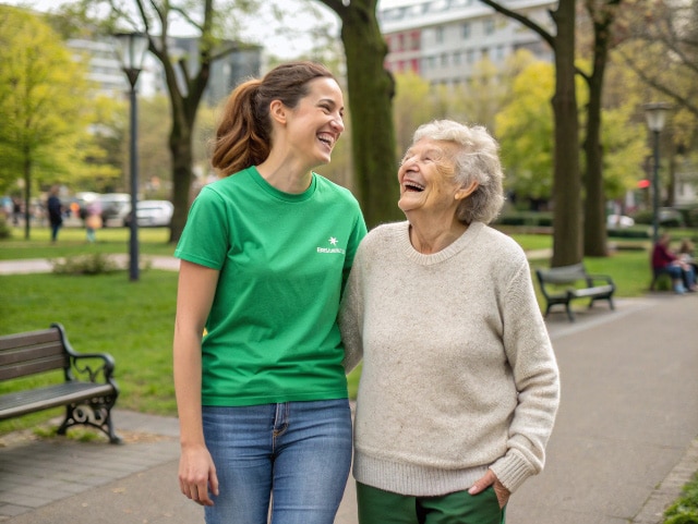 Eine Alltagsfee und eine Seniorin lachen gemeinsam in Bochum