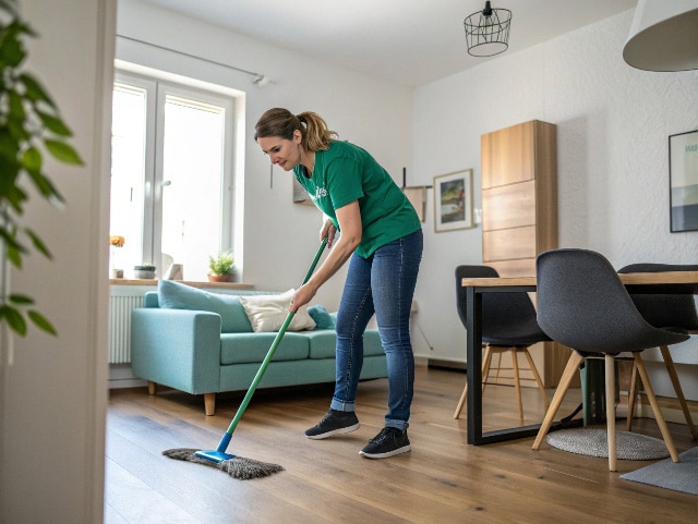 Eine Alltagsfee wischt den Boden in einer Duisburger Wohnung