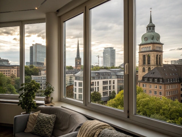 Blick auf die Skyline von Essen mit einem sauberen Fenster