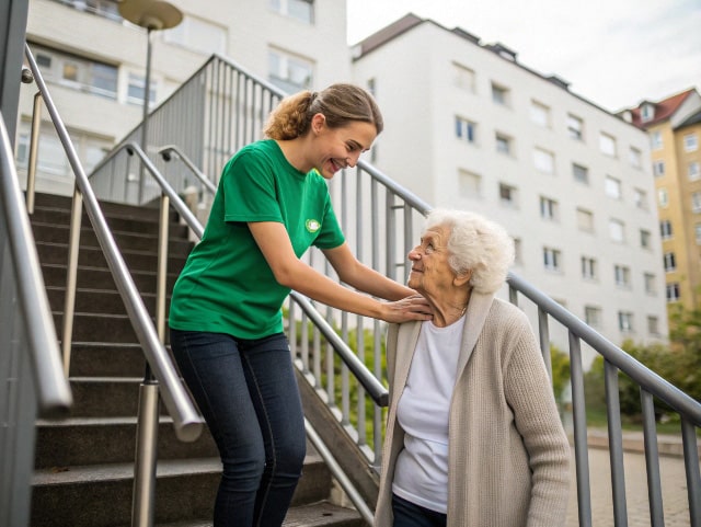 Eine Alltagsfee hilft einer Seniorin die Treppe in Wuppertal hinauf
