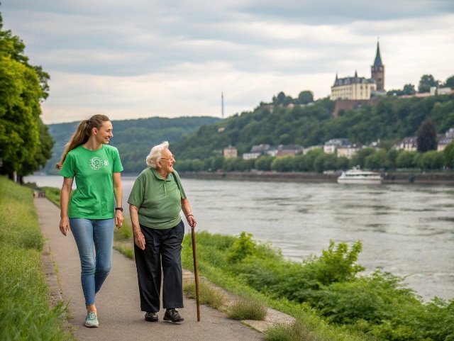 Eine Alltagsfee und ein Senior spazieren am Bonner Rheinufer