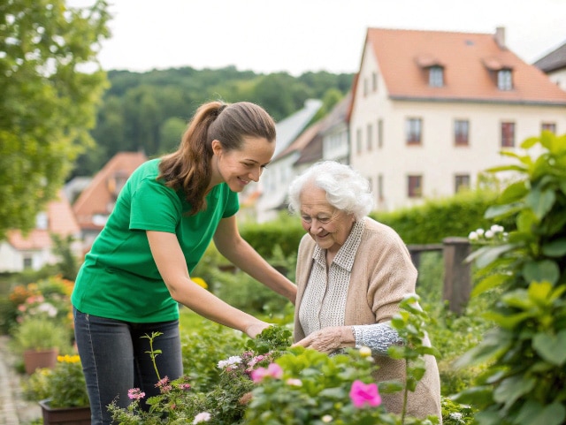 Eine Alltagsfee hilft einer Seniorin im Garten in Marienmünster