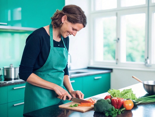 Eine Alltagsfee bereitet in einer Küche in Detmold Gemüse vor.