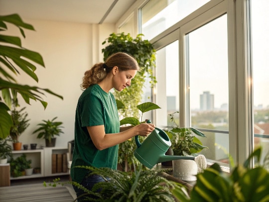 Eine Alltagsfee gießt Blumen in einer Wohnung in Hagen