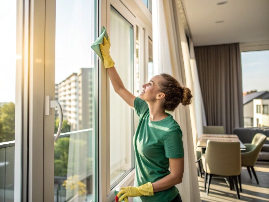 Eine Alltagsfee beim Fensterputzen in einer Krefelder Wohnung