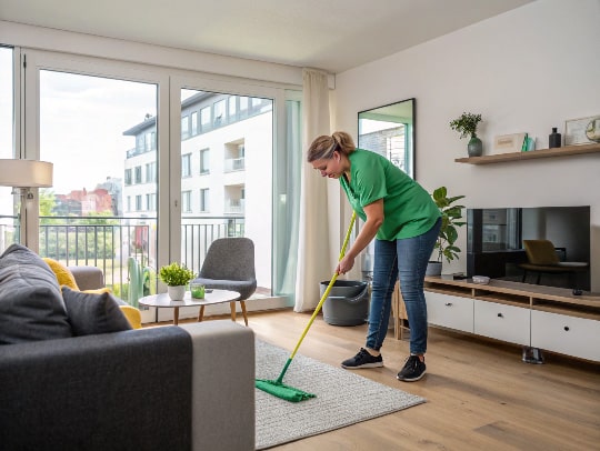 Eine Alltagsfee bei der Hausarbeit in einer Wohnung in Leverkusen