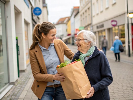 Eine Haushaltshilfe der Alltagsfeen hilft einer Seniorin in Paderborn beim Einkaufen.