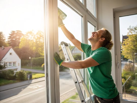 Eine lächelnde Haushaltshilfe der Alltagsfeen putzt ein Fenster in Recklinghausen.