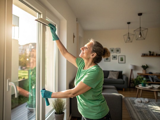 Eine Alltagsfee putzt ein Fenster in einer Solinger Wohnung