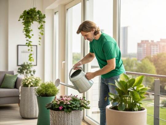 Eine Alltagsfee gießt Blumen in einer Wohnung in Viersen.