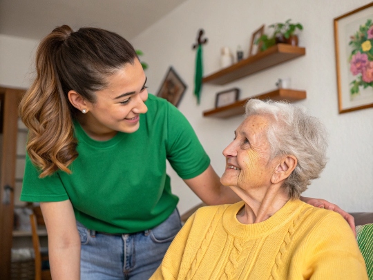 Eine lächelnde Alltagsfee hilft einer Seniorin in Witten.