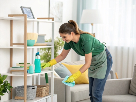 Eine professionelle Haushaltshilfe reinigt ein Wohnzimmer in Bergheim