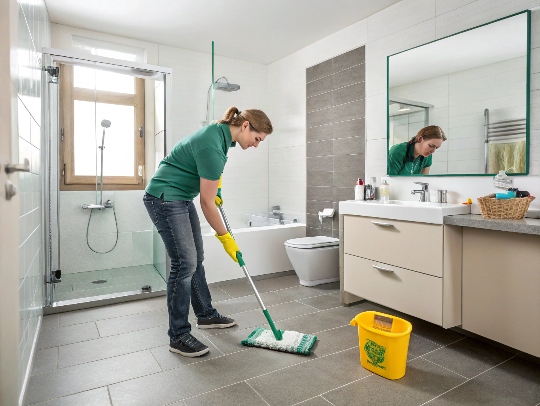 Eine professionelle Haushaltshilfe putzt ein Bad in Eschweiler
