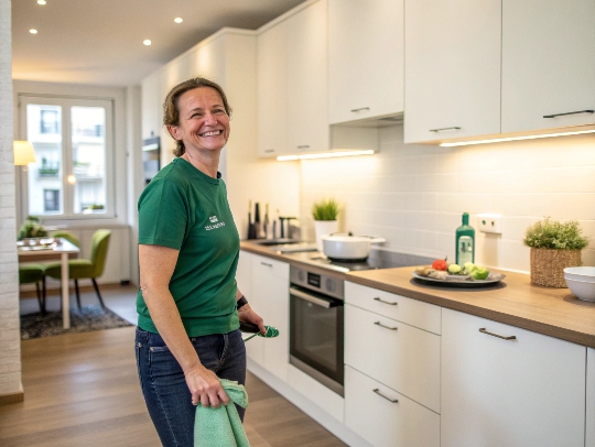 Eine Haushaltshilfe der Alltagsfeen lächelt in einer Küche in Meerbusch