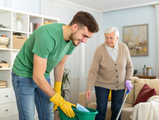 Eine lächelnde Alltagsfee hilft einer Seniorin im Haushalt.