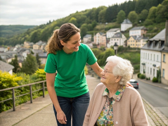 Eine Alltagsfee hilft einem Senior beim Spaziergang in Gummersbach.