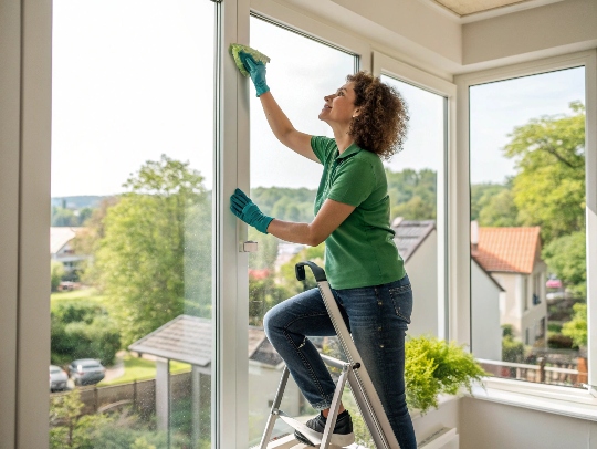 Eine freundliche Alltagsfee putzt ein Fenster in Hilden.