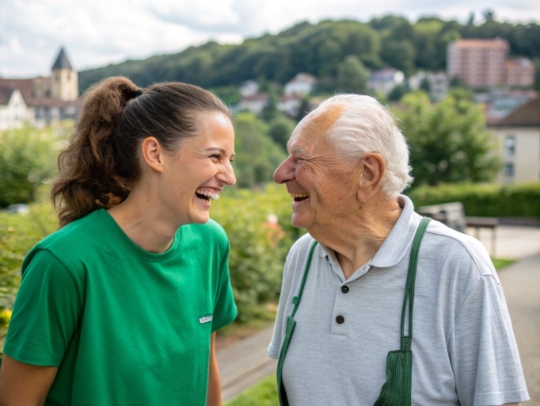 Eine Alltagsfee und eine Kundin lachen zusammen in Kleve