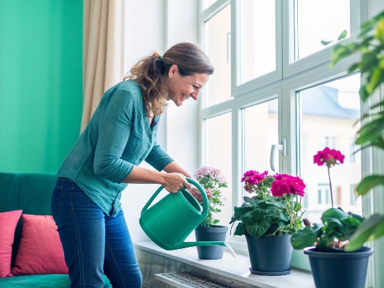 Eine Alltagsfee gießt Blumen in einer Wohnung in Rheinberg.