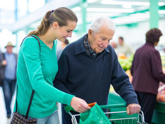 Freundliche Alltagsfee unterstützt einen Mann beim Einkaufen in Würselen.