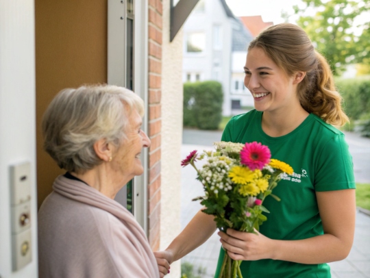 Eine Alltagsfee überreicht einer Seniorin in Borken Blumen.