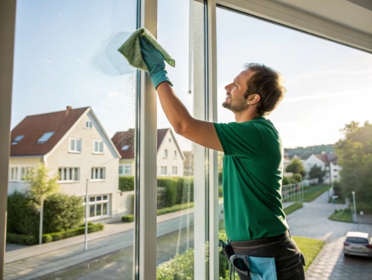 Freundliche Haushaltshilfe beim Fensterputzen in Bünde.