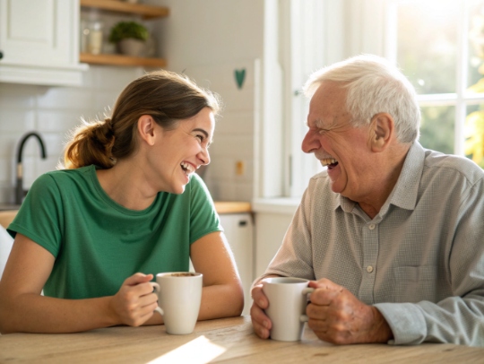 Eine Alltagsfee und ein älterer Herr lachen beim Kaffeetrinken.