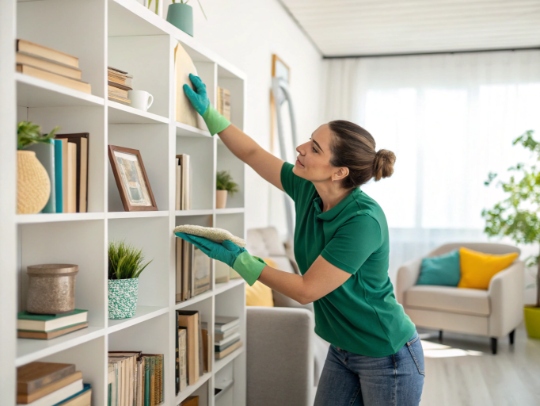 Eine Alltagsfee staubt sorgfältig ein Bücherregal ab.