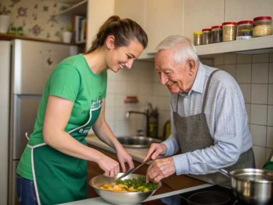 Eine Alltagsfee unterstützt einen Mann im Haushalt in Jülich.