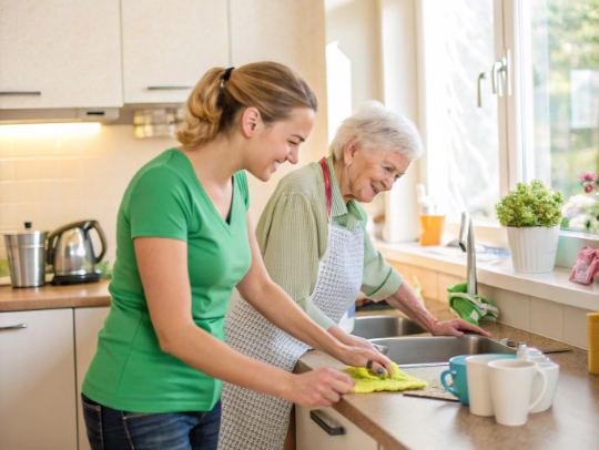 Eine Alltagsfee hilft einer Seniorin im Haushalt in Löhne.