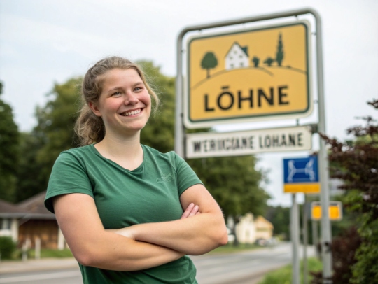 Eine freundliche Alltagsfee vor dem Ortsschild von Löhne.