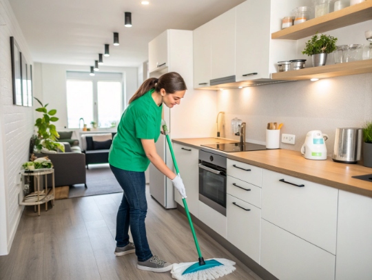 Professionelle Haushaltshilfe reinigt eine Küche in Mettmann.