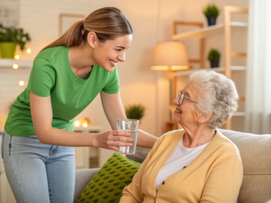 Eine Alltagsfee reicht einer älteren Dame ein Glas Wasser.