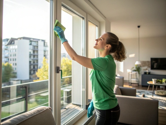 Freundliche Haushaltshilfe reinigt ein Fenster in Rietberg