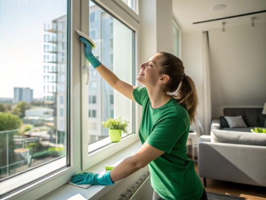 Eine freundliche Haushaltshilfe putzt ein Fenster in Wesseling.