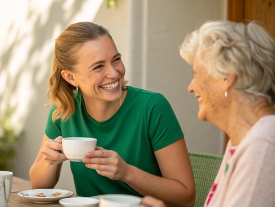 Alltagsfee und Seniorin trinken Tee in Wegberg