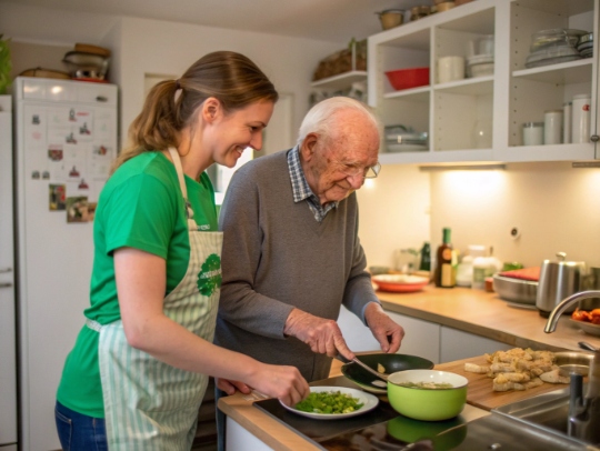 Lächelnde Haushaltshilfe unterstützt Seniorin in Leichlingen