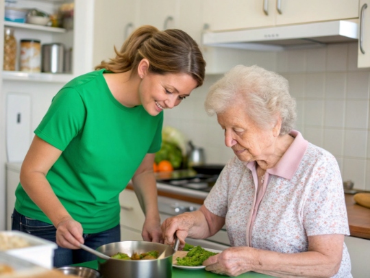 Haushaltshilfe unterstützt Seniorin in Odenthal beim Kochen