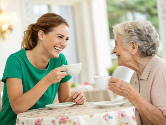 Zufriedene Seniorin und Haushaltshilfe in Wegberg beim Tee