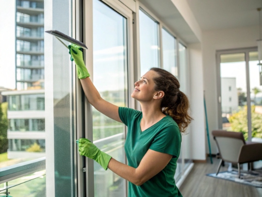Professionelle Reinigungskraft der Alltagsfeen beim Fensterputzen in einer Wohnung in Geisweid