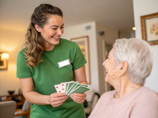 Glückliche Seniorin und Haushaltshilfe der Alltagsfeen beim Kartenspielen in Havixbeck