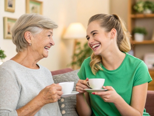 Seniorin in Isselburg lächelt ihrer Haushaltshilfe zu