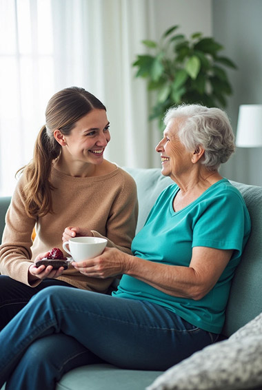 Alltagsfee unterstützt ältere Dame beim Tee im Wohnzimmer