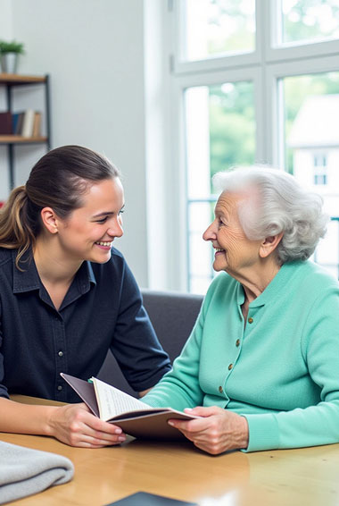 Zertifizierte Betreuungskraft berät Seniorin am Wohnzimmertisch