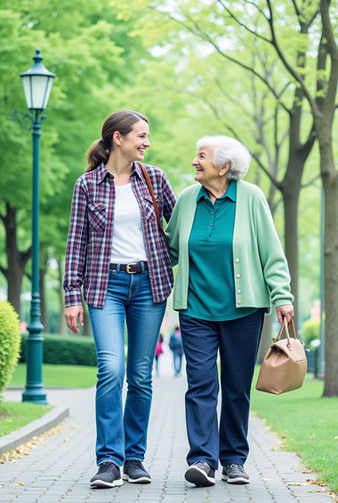 Alltagsbegleiterin und Seniorin beim Spaziergang im Park
