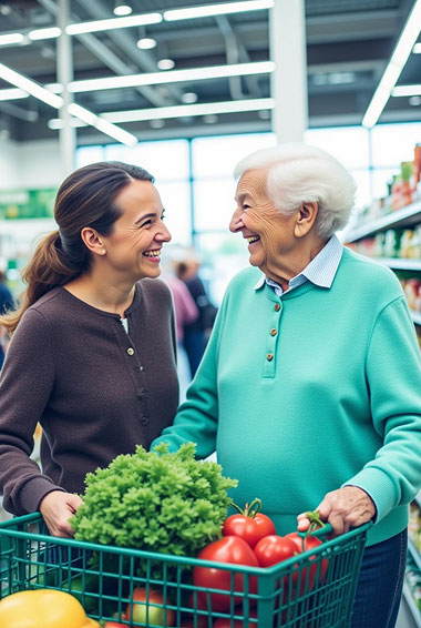 Alltagsfee begleitet Senior beim Einkauf im Supermarkt