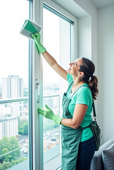Alltagsfee reinigt das Fenster im Wohnbereich