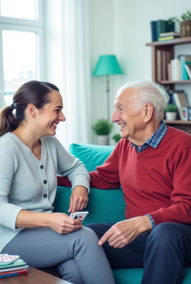 Betreuerin und Senior spielen gemeinsam Karten im Wohnzimmer